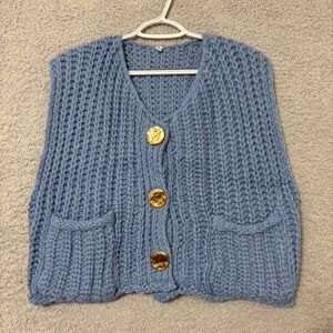 Chunky Knit Button Front Cardigan Vest Size M Gold Hammered Buttons Layering